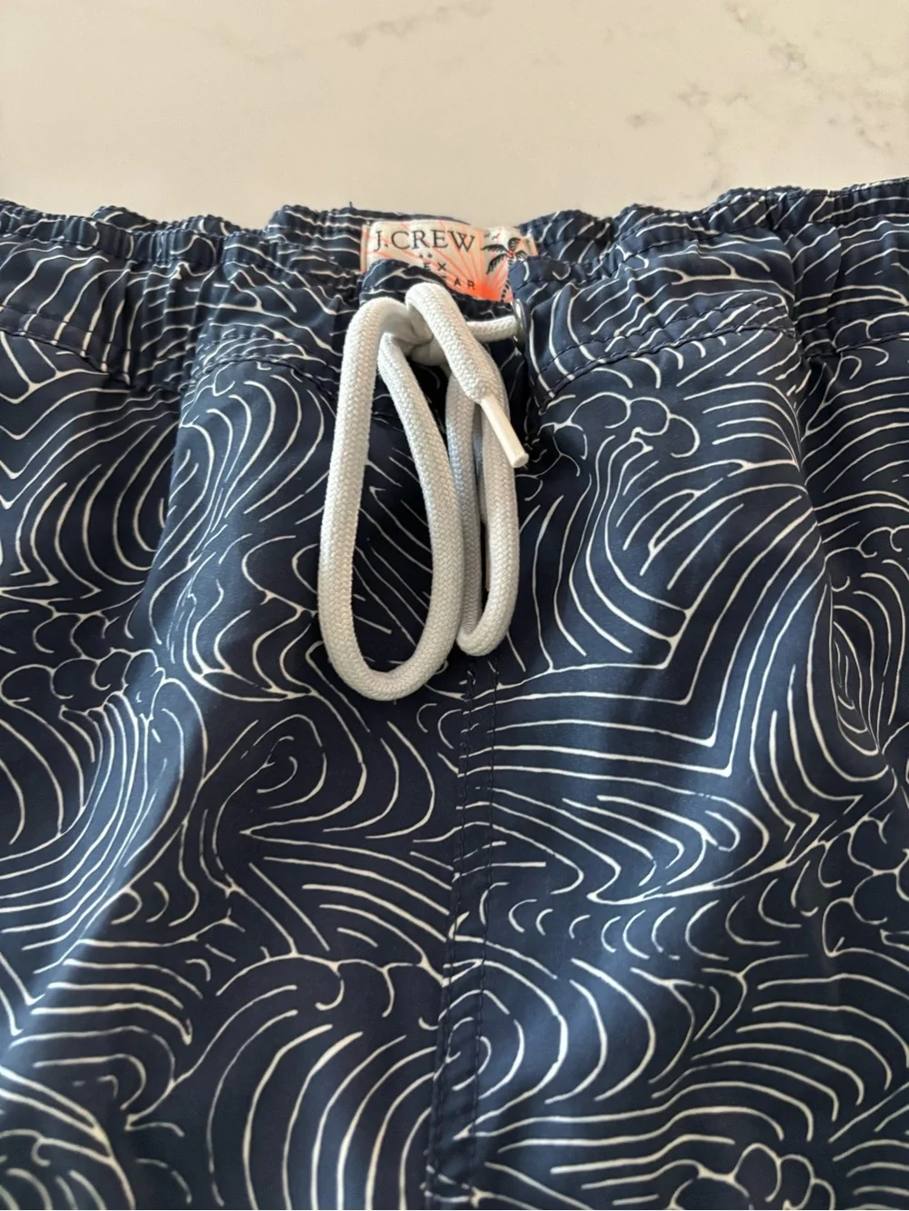 J. Crew Navy & White Patterned Swim Trunks with Coral Accent